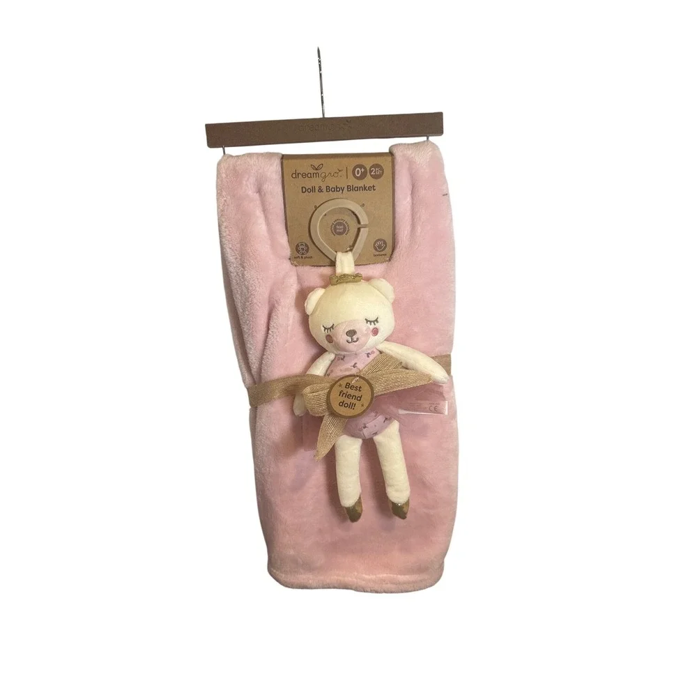 Dreamgro Pink Plush Baby Blanket and Bear‎ Doll Set DB129-PK 30x40 New